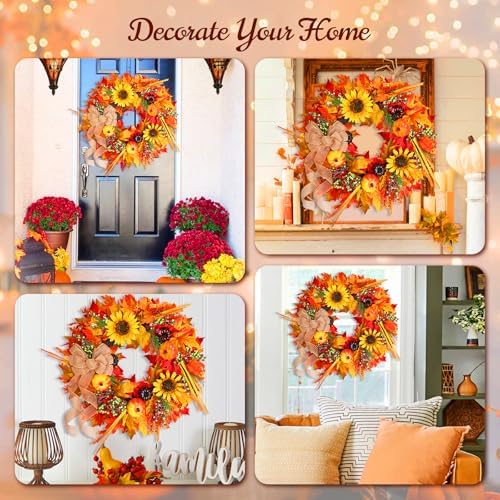 20 Inch Autumn Wreath with Pumpkins and Sunflowers