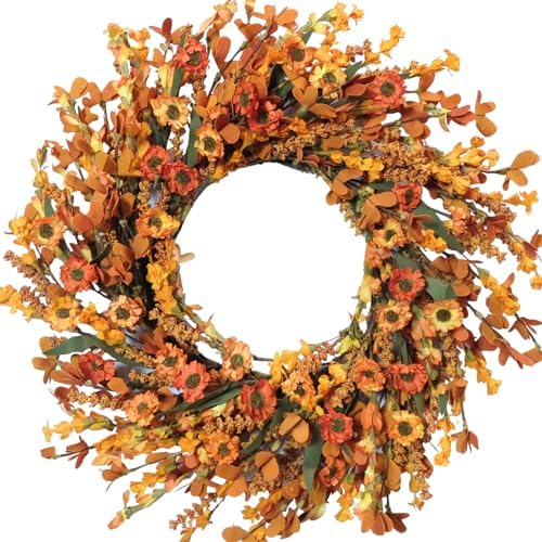 Bibelot 20 Inch Fall Wreath with Green Leaves and Yellow Daisies