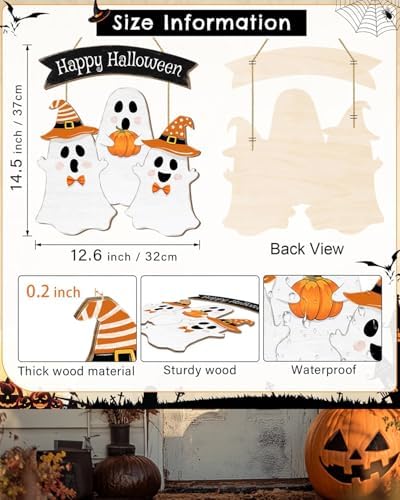 Wooden Halloween Wreath - Ghost Door Decor Hanging Sign for Home Wall Decor Party Supplies