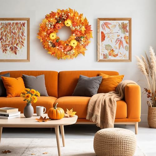 20 Inch Autumn Front Door Wreath with Lights