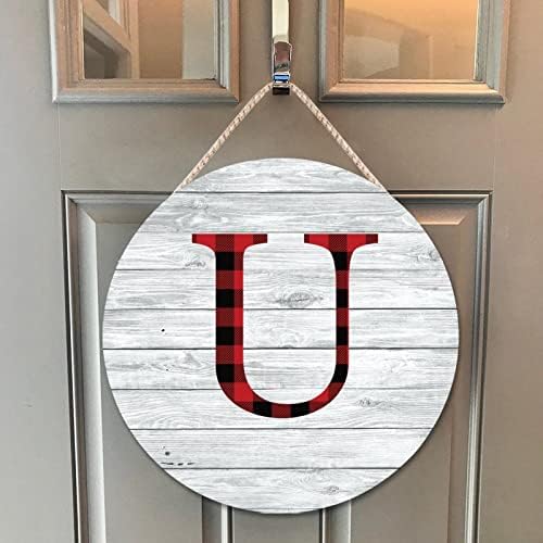 Farmhouse Door Hanger 10x10in Wood Sign Red Black Buffalo Plaid