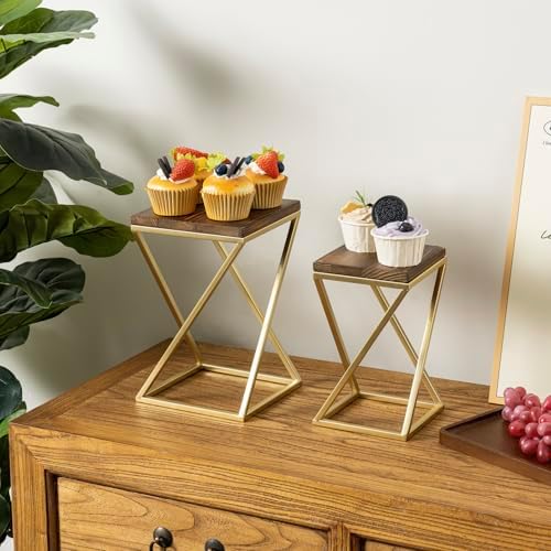 MyGift Dessert Riser Stands Modern Brass Wood Pedestal Set