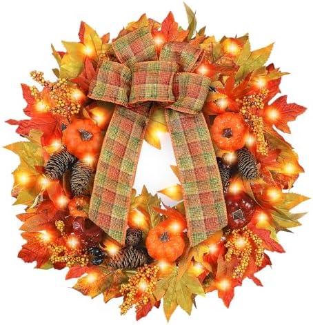 Heflashor 24 Inch Fall Door Wreath with Lights