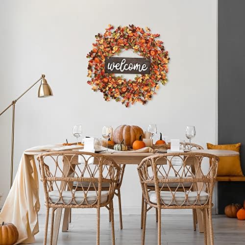 Sggvecsy 20 Inch Fall Wreath with Pumpkin and Leaves Orange