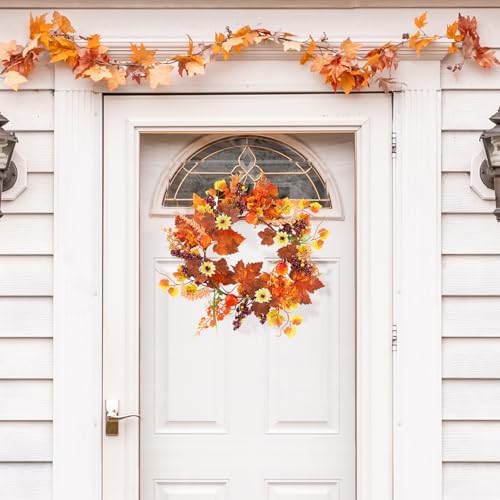 Fall Wreath for Front Door Artificial Autumn Maple Leaf Wreath with Pumpkins Berries 14 Inch Decor