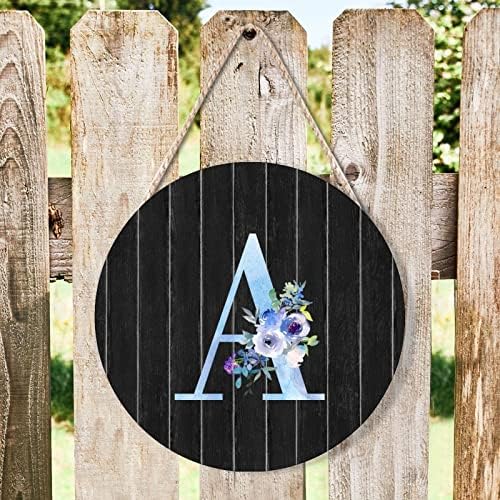 Farmhouse Front Door Hanger Watercolor Blue Floral Letter A Wood Sign