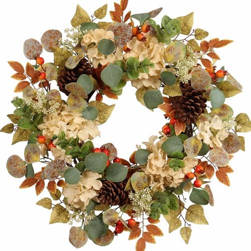22 Inch Fall Hydrangea Wreath with Eucalyptus Pinecones Orange Berries