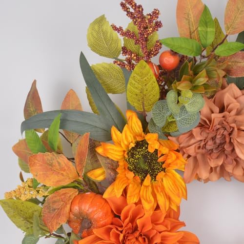 24-26 Inch Fall Wreath with Orange Artificial Pumpkin for Autumn Front Door Decor