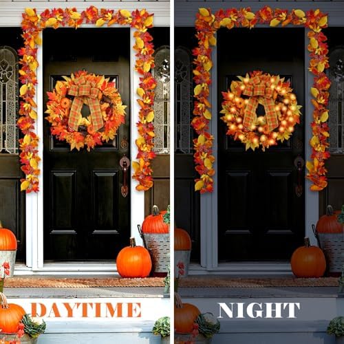 Heflashor 24 Inch Fall Door Wreath with Lights