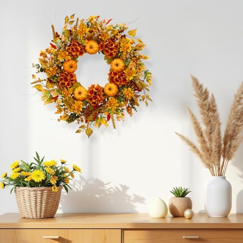 24 Inch Fall Door Wreath with Pumpkins and Hydrangeas