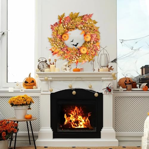 GENMOUS Fall Door Wreath with Pumpkins and Maple Leaves