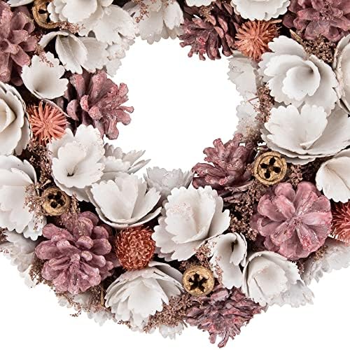 Northlight 13 Inch White Pink Wooden Floral Christmas Wreath with Pinecones