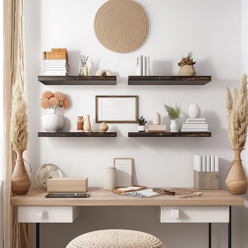 Brown Wood Floating Shelves Set of 6 for Rustic Bedroom Living Room