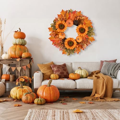 Fall Wreath Front Door 19 Inch Autumn Decor