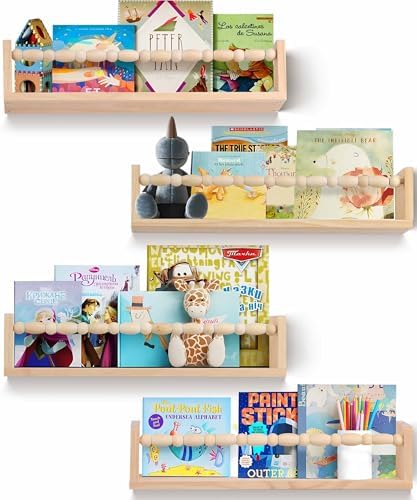 Nursery Book Shelves Set of 4 Natural Wood Floating Shelves for Wall