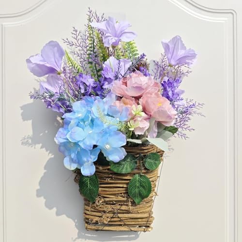 Hydrangea Door Wreath with Artificial Flowers and Rattan Basket 1