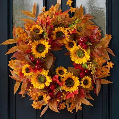 24 Inch Fall Wreath for Front Door - Autumn Decor with Sunflower Berries and Maple Leaves
