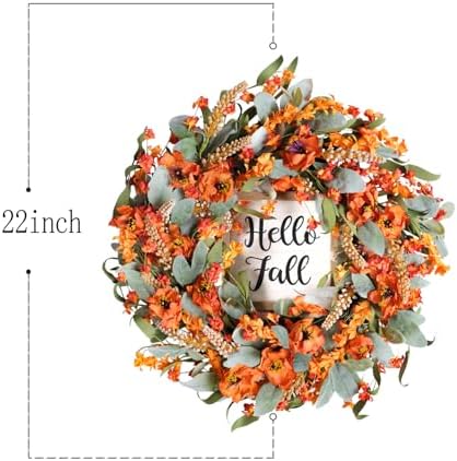 Bibelot Fall Wreaths 22 Inch Lambs Ears Leaves Yellow Flowers Hello Fall Sign Front Door Porch Farmhouse Decor