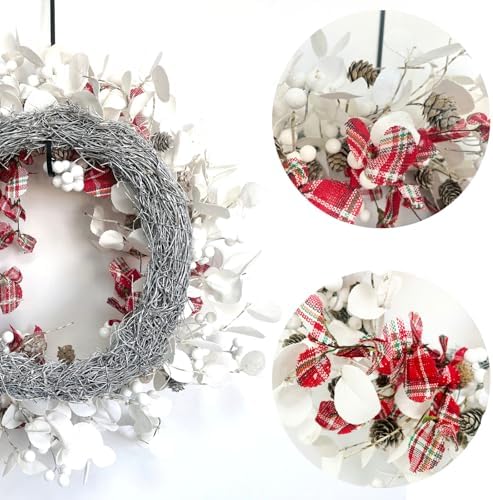 20 Inch White Eucalyptus Wreath with Red Plaid Leaves for Christmas and Winter Decor