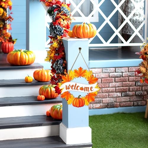 Fall Wreath for Front Door Decor Foldable Welcome Sign Autumn Thanksgiving Harvest Hanging Decoration