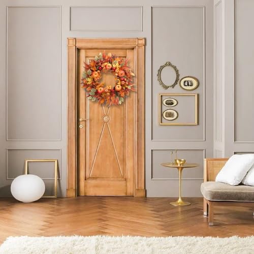 Fall Wreath for Front Door - 22 Inch Autumn Harvest Decor with Realistic Apples Berries Pomegranates and Maple Leaves