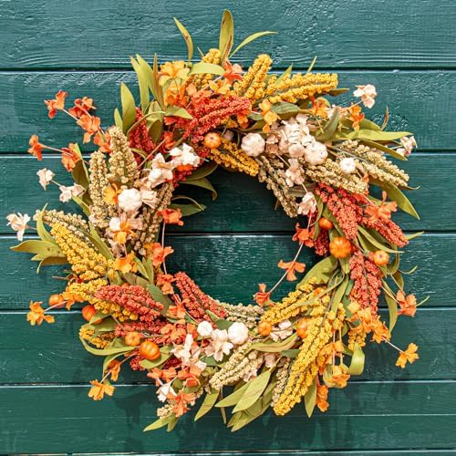 20 Inch Fall Wreath with Pumpkins Grain Ears Foliage