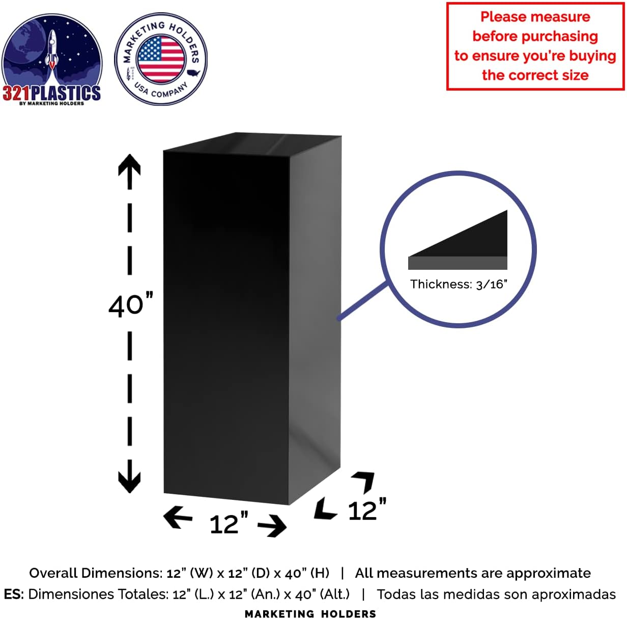 Tall Display Cube Lucite Box 12x12x40 Black 5 Sided Pedestal Stand