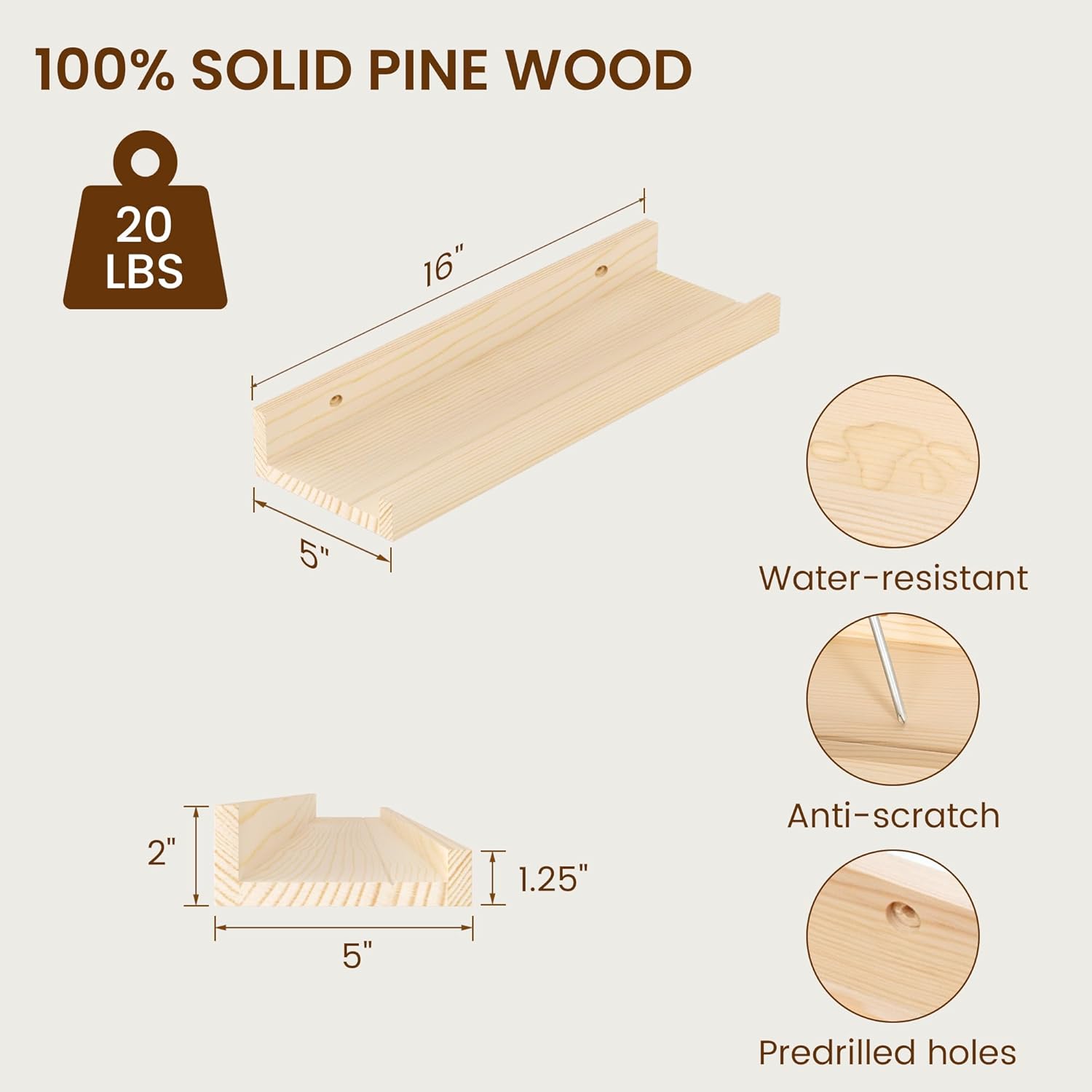 Vivelove Picture Ledge Shelf Set of 2 Natural 16 Inch Floating Shelves