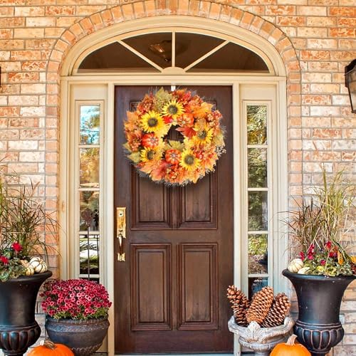 23 Inch Fall Wreath with Pumpkins Sunflowers Daisies and Maple Leaves