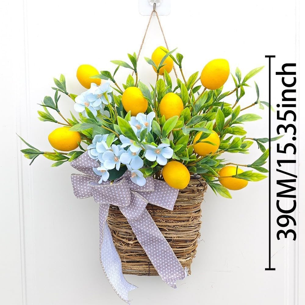 153inch Lemon Door Wreath with Blue Flowers and Polka Dot Bow
