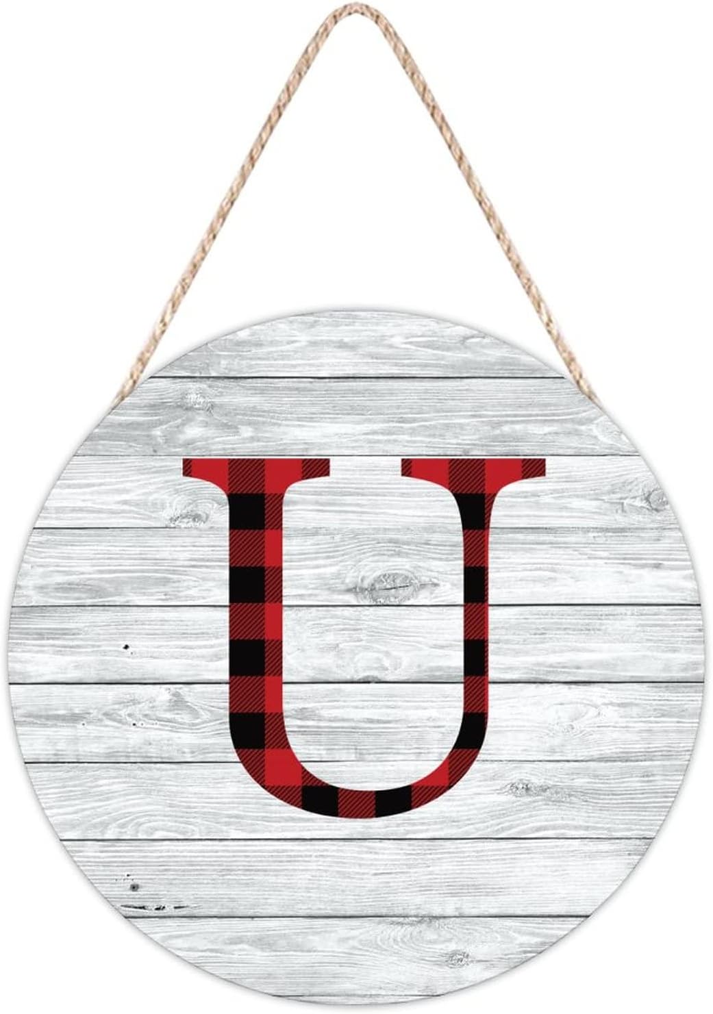 Farmhouse Door Hanger 10x10in Wood Sign Red Black Buffalo Plaid
