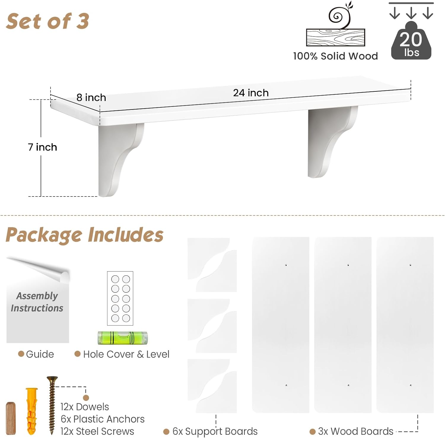 Forbena 24 Inch Wall Shelves Set of 3 White