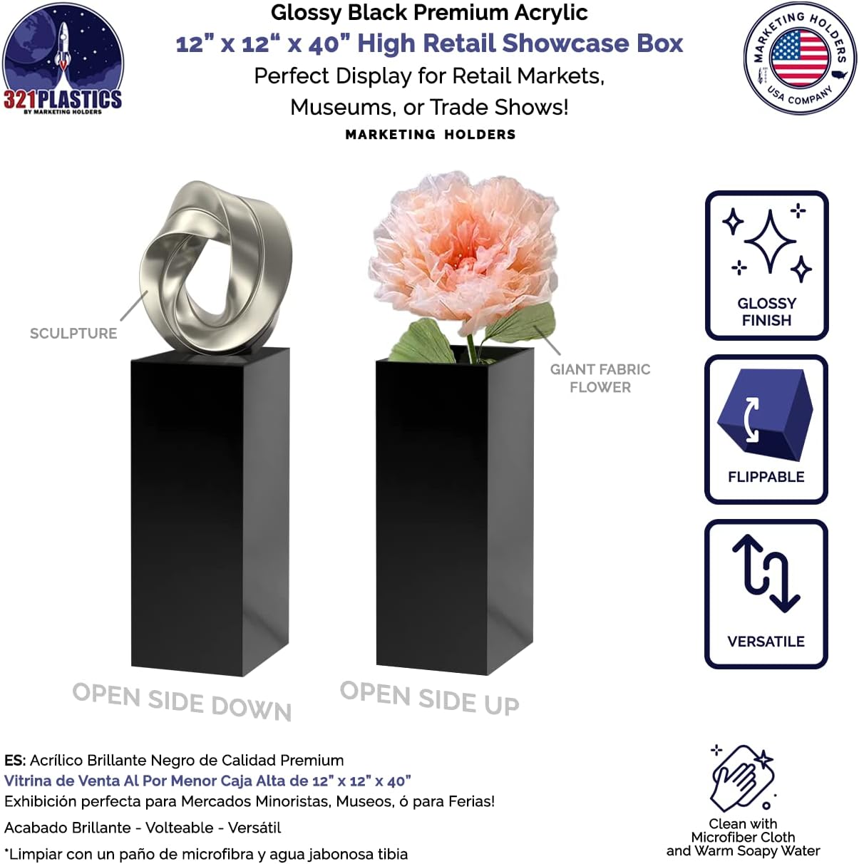 Tall Display Cube Lucite Box 12x12x40 Black 5 Sided Pedestal Stand