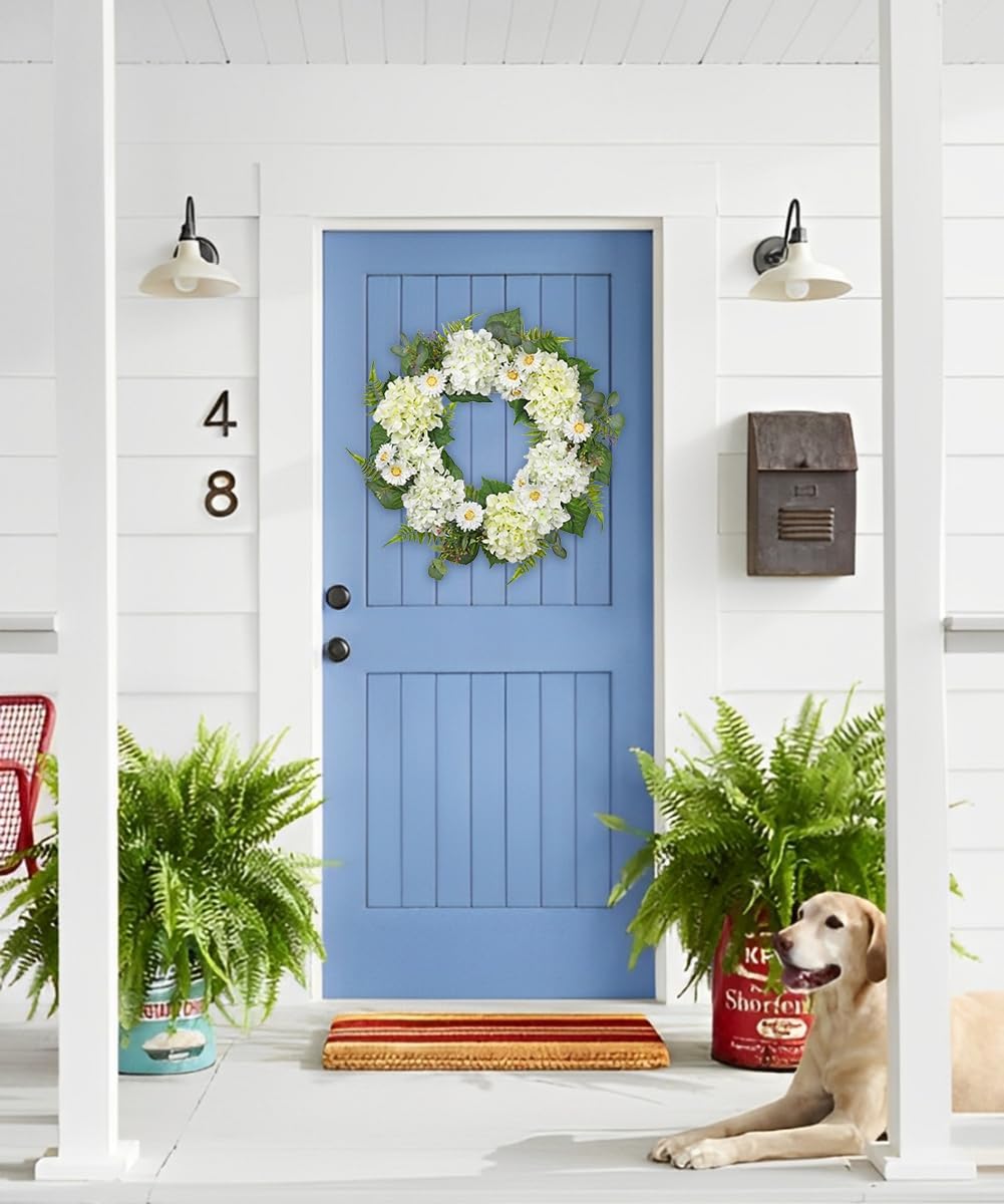 Briful 24 Inch Spring Wreath Realistic White Hydrangea Artificial Decor