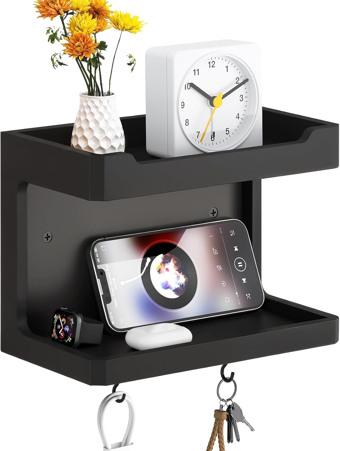 NiHome Large Wall Mounted Wooden Bedside Organizer with Magnetic Hooks - Black