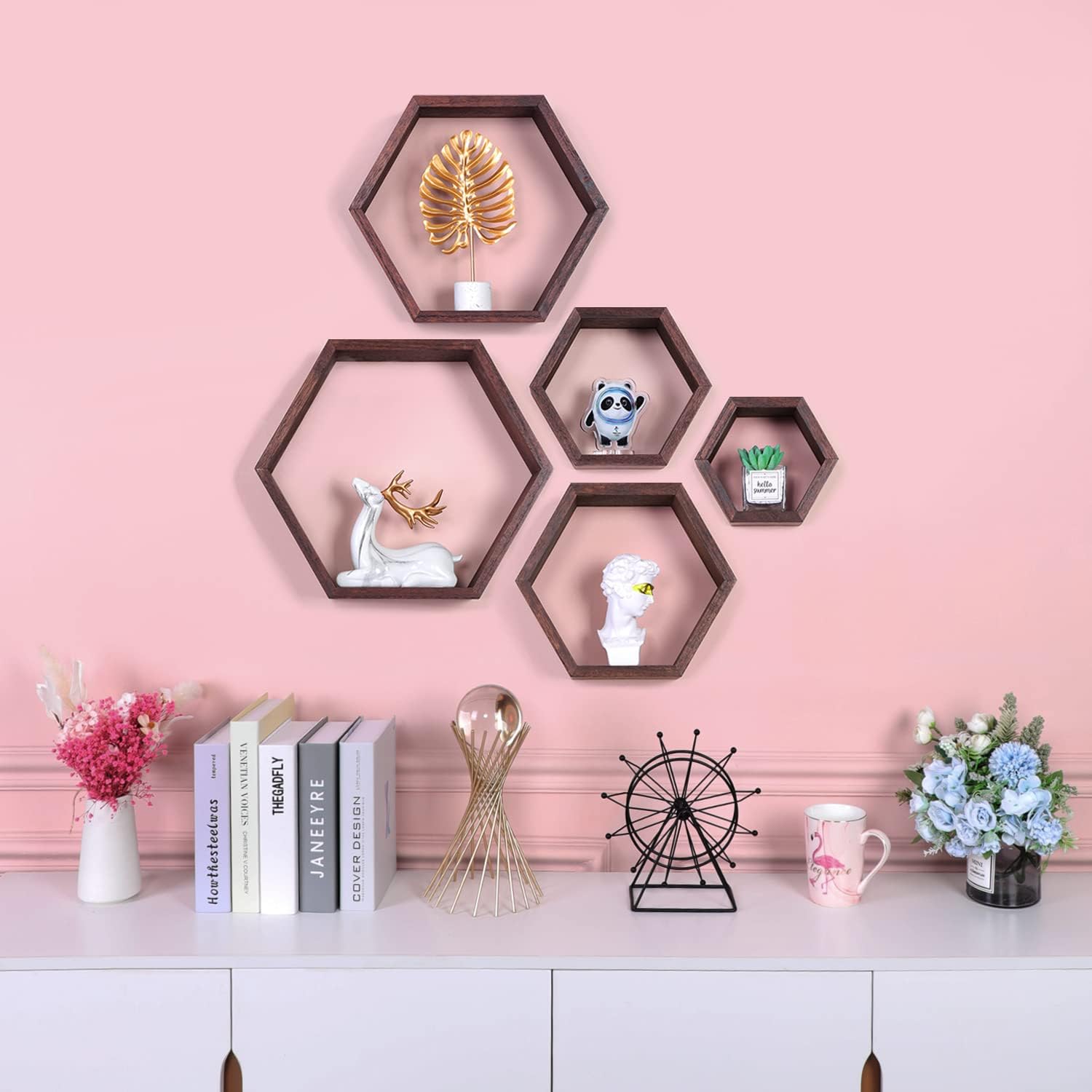 PHOENANCEE Hexagon Floating Shelves Set of 5 Driftwood Finish