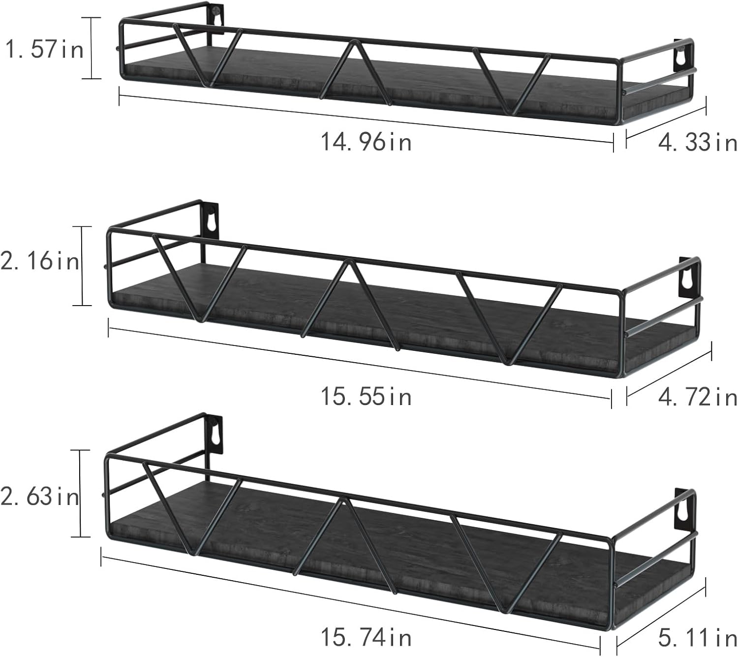 Set of 3 Floating Shelves Black Modern Wall Mount