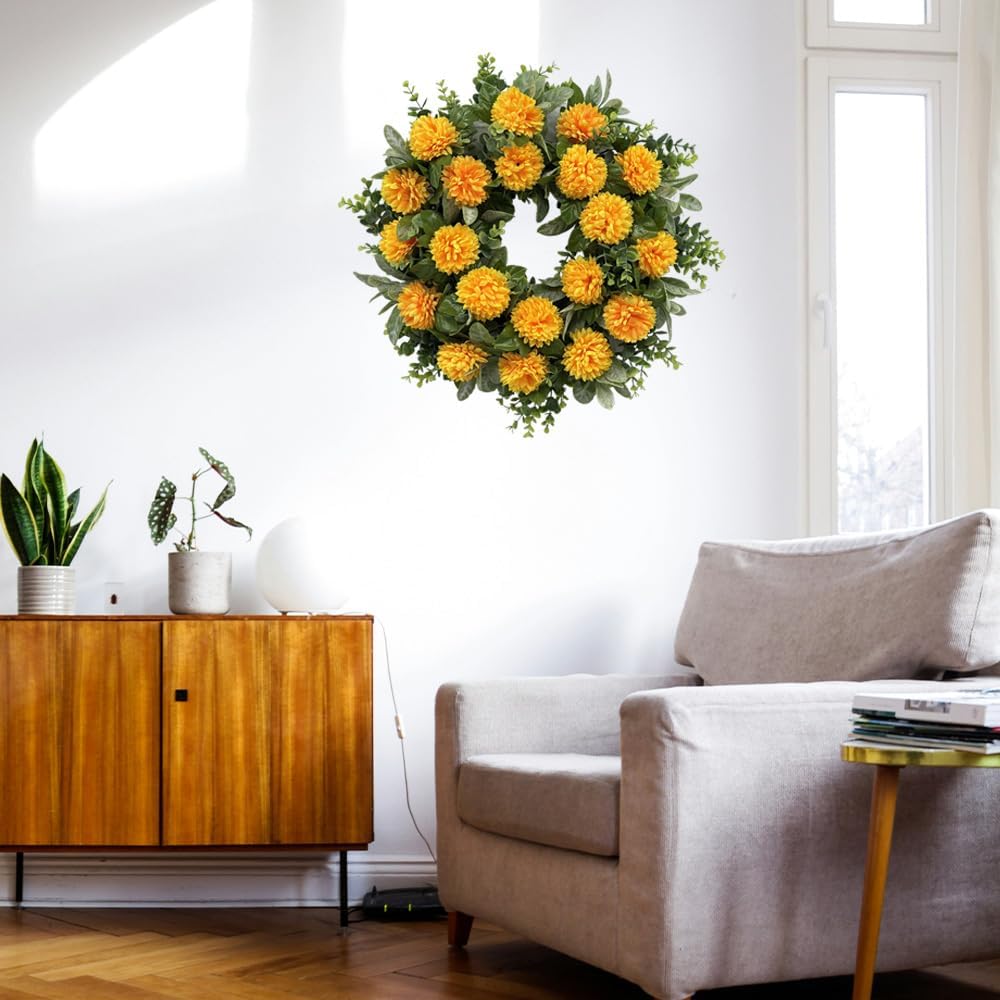 20 Inch Spring Wreath with Orange Flowers and Greenery for Front Door Decor