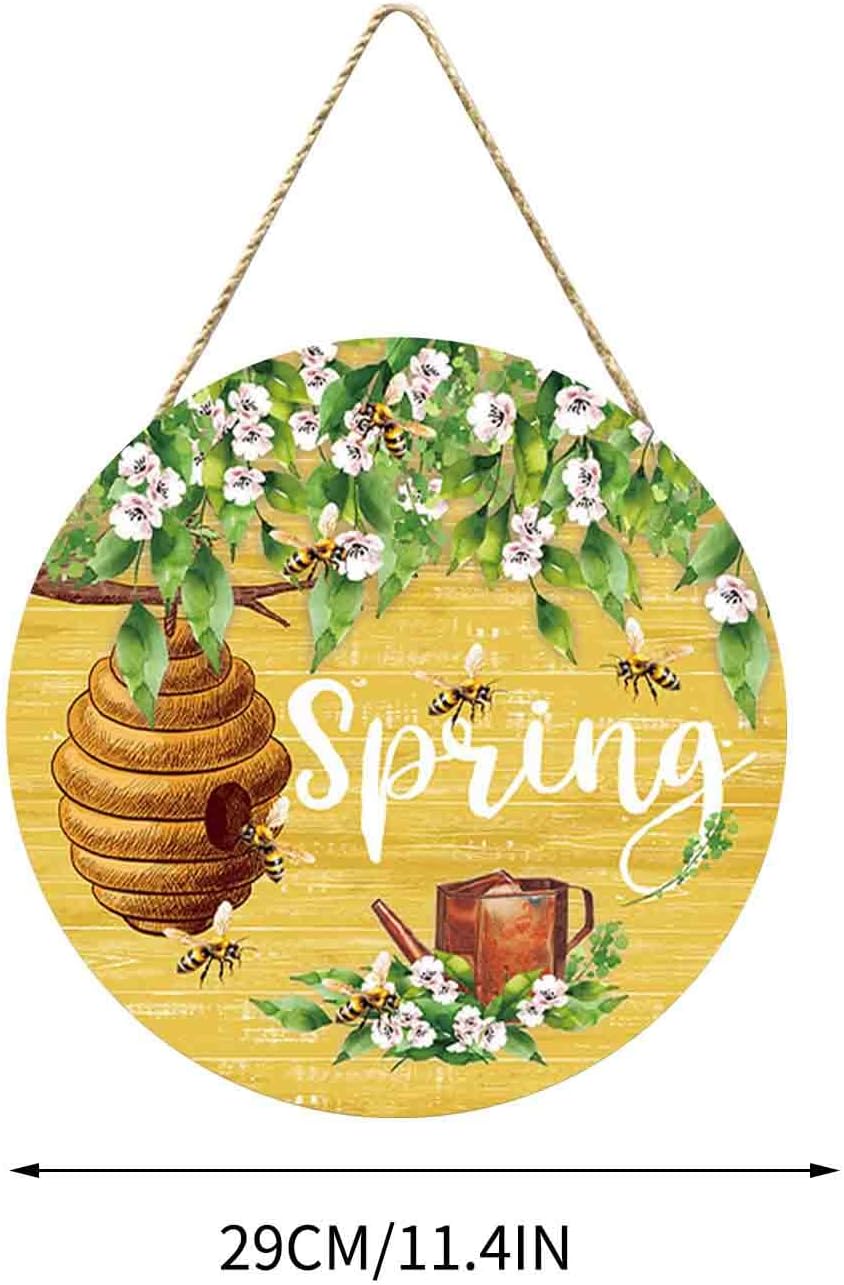 Spring Door Sign 114 Inch Round Wooden Decorative Wreath with Bees Nectar Scene Farmhouse Porch Decor