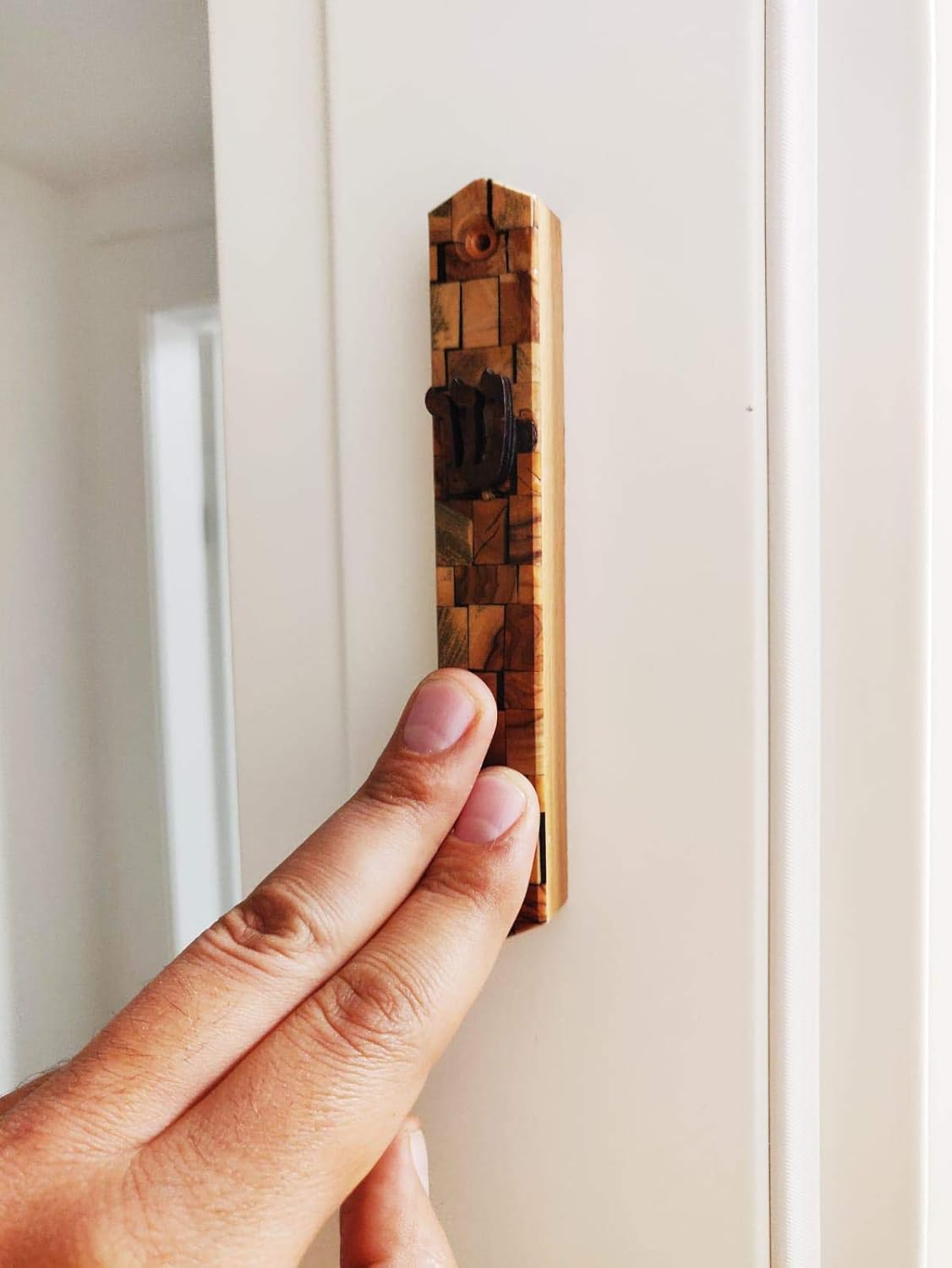 Jerusalem Pearls Olive Wood Mezuzah with Shin Shadai