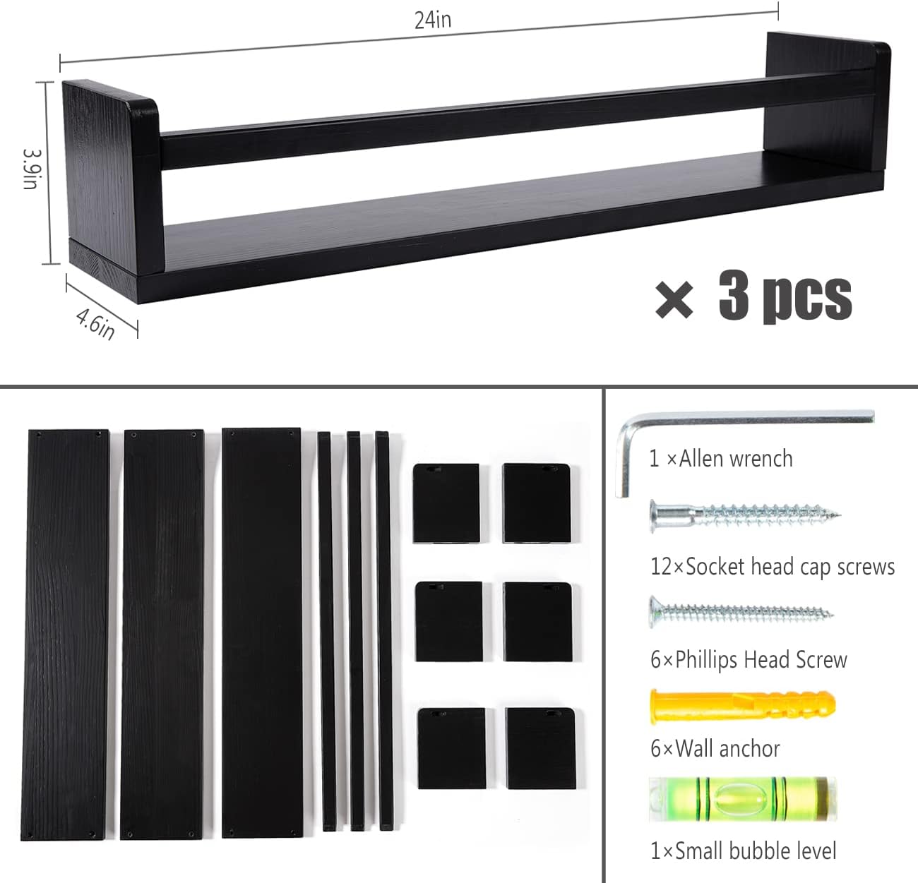 AZSKY Classic Black Wooden Floating Shelves Set of 3