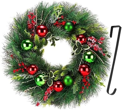 Christmas Wreath 24 Inch Artificial Green and Red Wreath with Hanger
