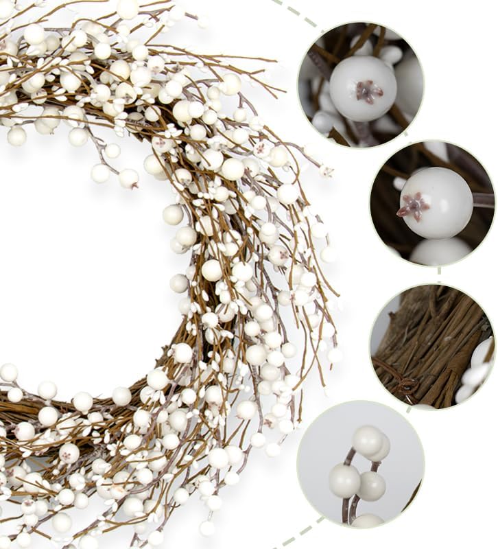 White Berry Wreath 20 Inch Winter Door Decor