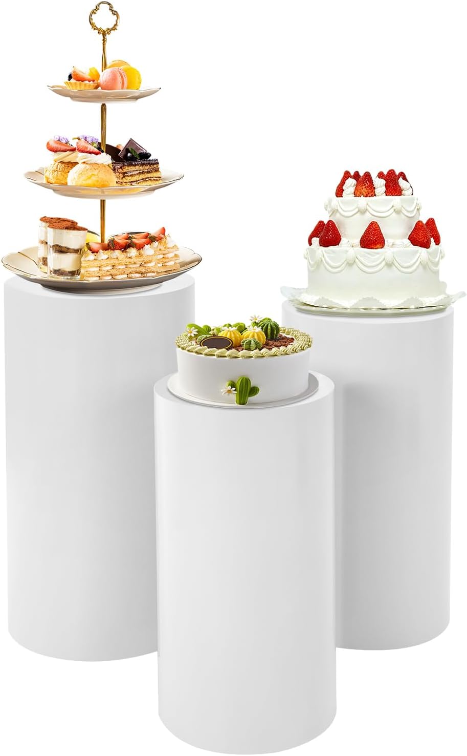 3 Pcs Round Cylinder Pedestal Stand for Wedding Party Display Decor White