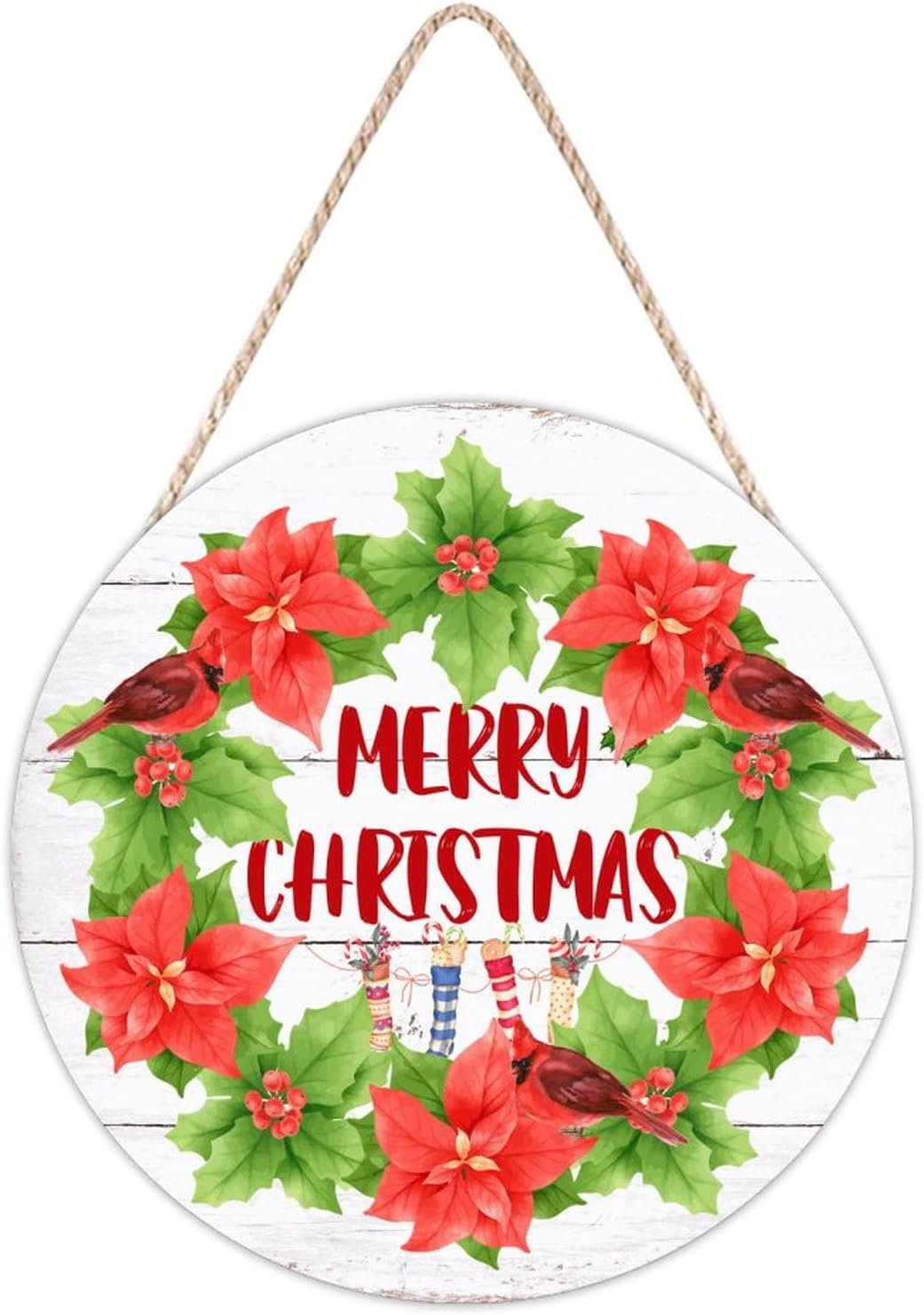 Red Birds on Holly Wreath Christmas Wood Door Hanger