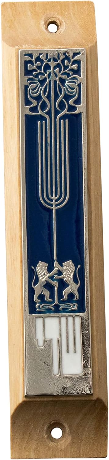 Halamit Mezuzah Door Talisman with Blue Enamel and Olive Wood