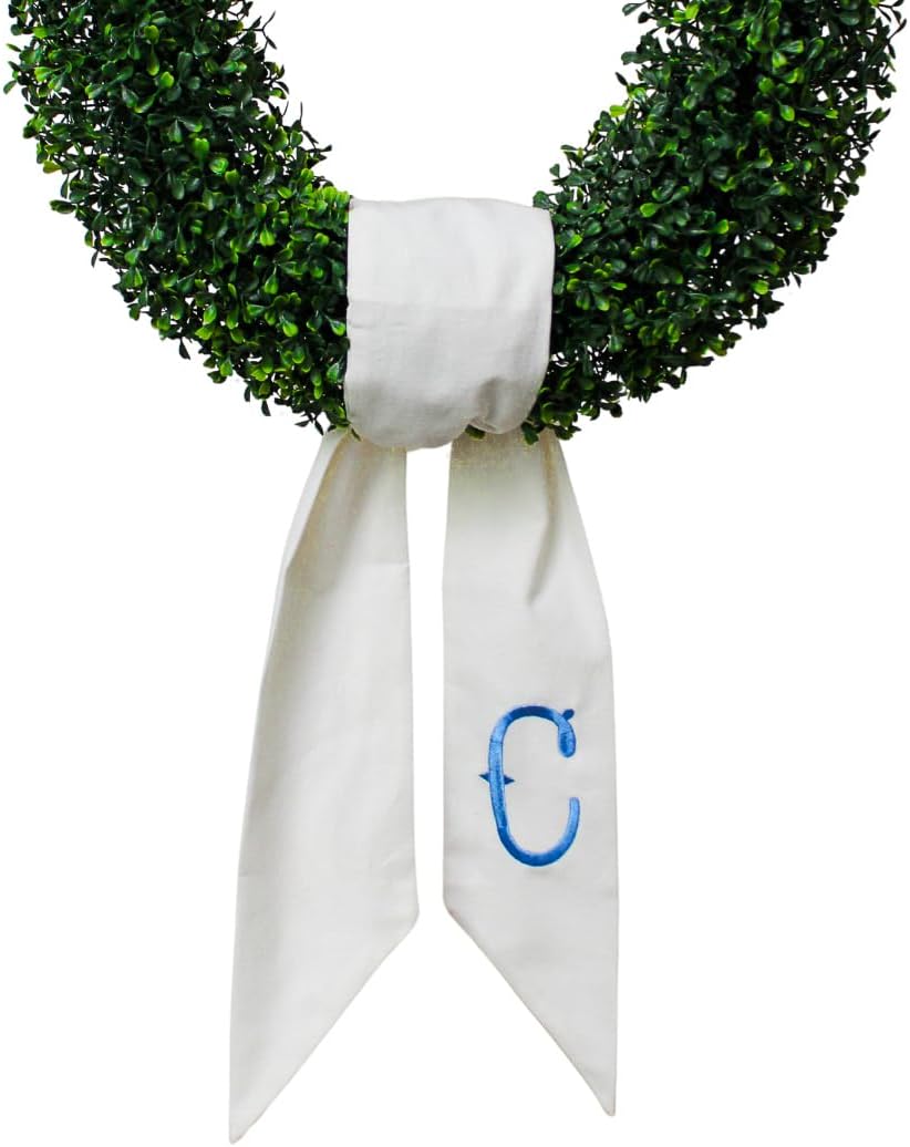 White Embroidered Linen Monogram Wreath Sash