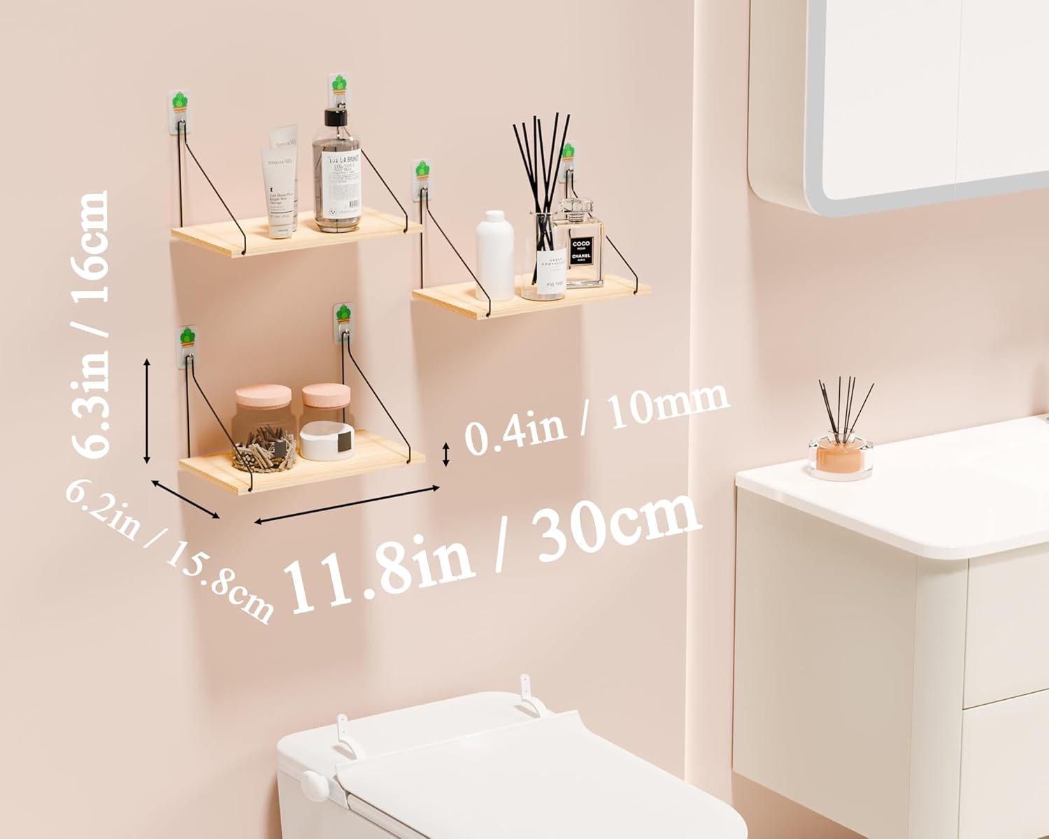 Rustic Wood Floating Shelves Set of 3 - Easy Install No Drill Needed