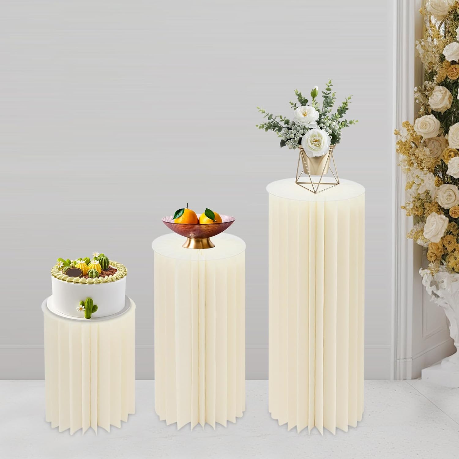 Set of 3 Foldable Cylinder Pedestal Stands for Party Decorations