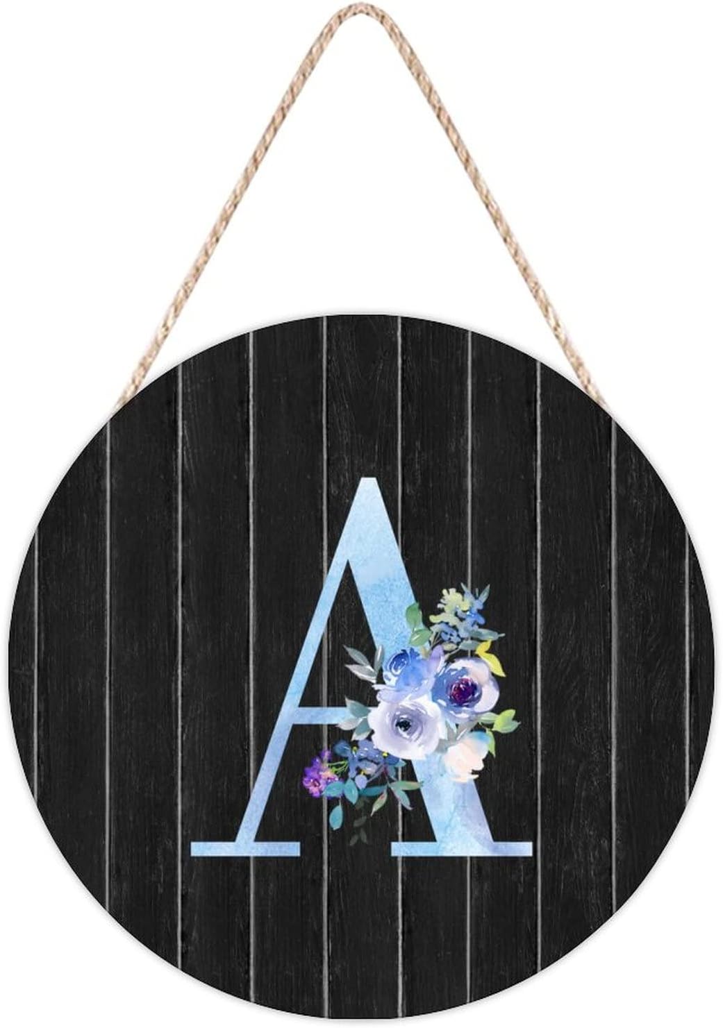Farmhouse Front Door Hanger Watercolor Blue Floral Letter A Wood Sign